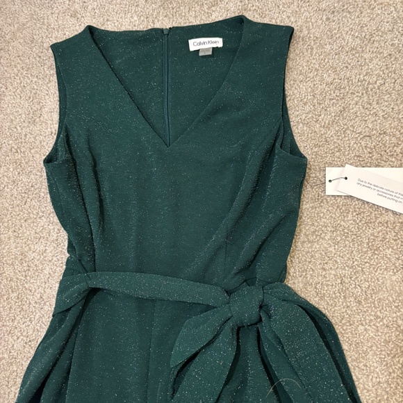 Calvin Klein Emerald Green Glitter Wide Leg Belted Jumpsuit NWT - Picture 4 of 9